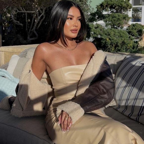 Zara Faux Leather Strapless Bloggers Favorite Back Slit Midi Dress Cream Small - Picture 6 of 16